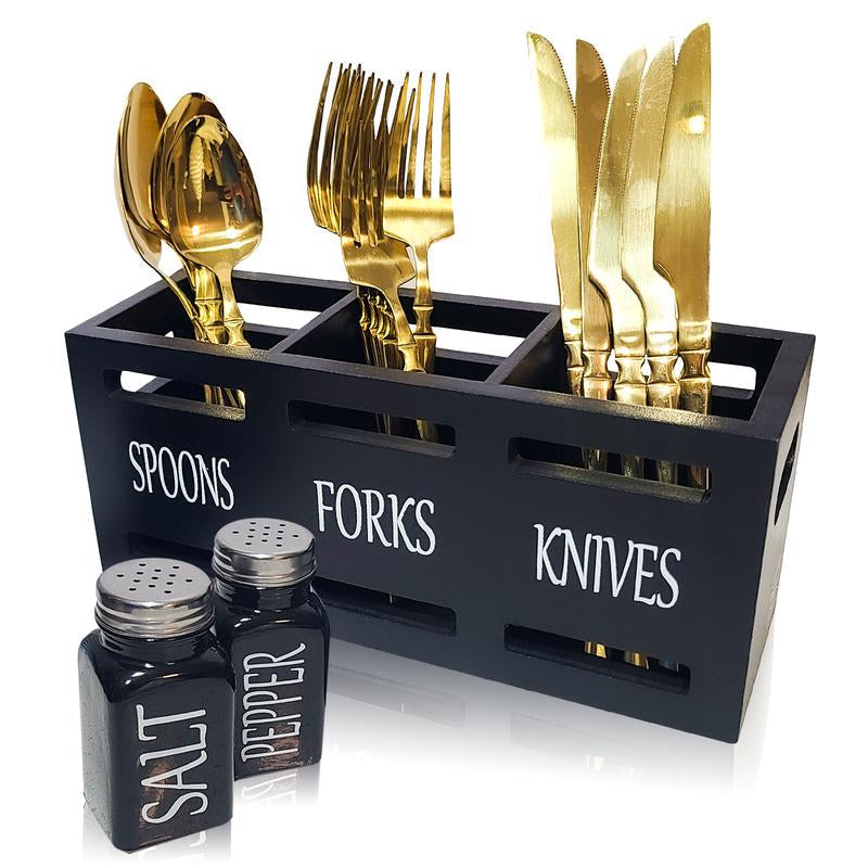 Wooden Utensil Holder - Utensil Caddy, Cutlery Organizer for Kitchen Countertop, Silverware Holder, Flatware Caddy for Party & Kitchen with Salt and Pepper Shakers