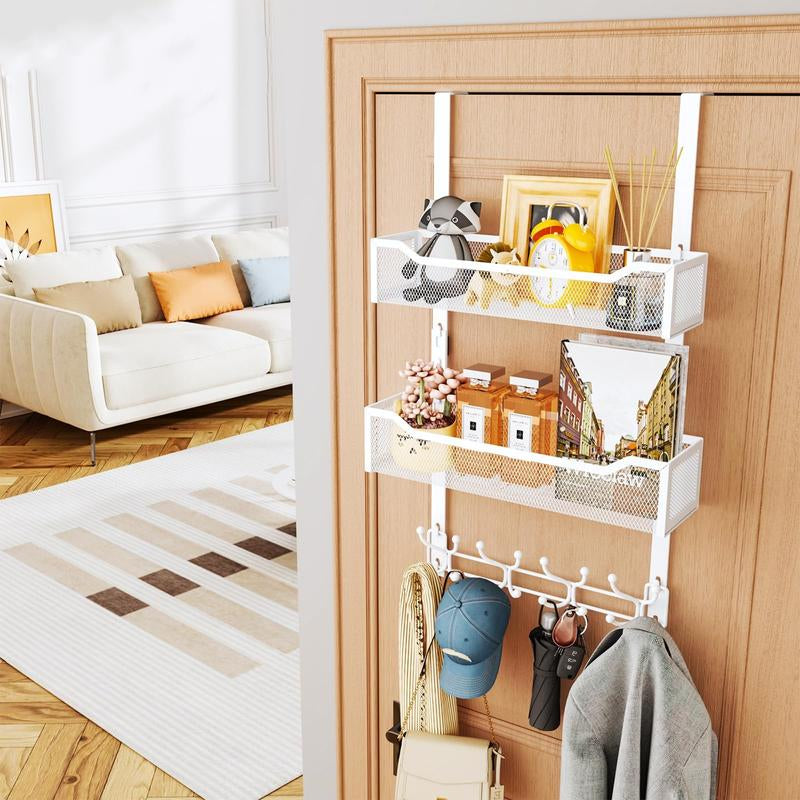 Over the Door Hooks Organizer - Multi-Functional Door Hanger with 16 Hooks & 2 Mesh Baskets, Long over Door Coat Rack for Bathroom, Bedroom, Living Room, Home Door Storage Organizer
