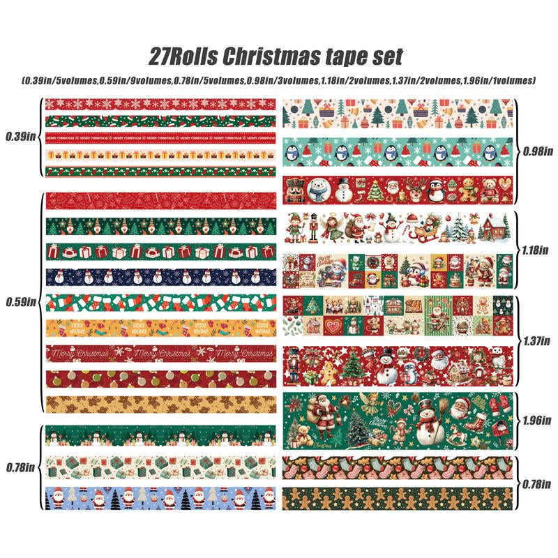 27 Rolls Christmas Tape Set - Holiday Pattern Decorative Tapes for Gift Wrapping & Crafts (0.6-2 Inch Width) | Perfect for Xmas Party Decor, New Year Cards, DIY Ornaments & Winter Scrapbooking