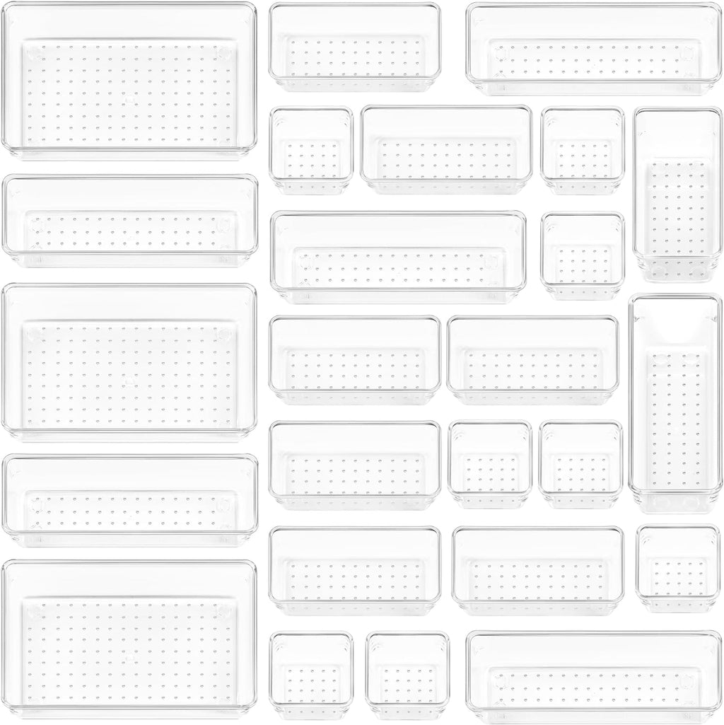 25 PCS Plastic Clear Drawer Organizer, Acrylic Desk Drawer Organizers, Organization and Storage for Makeup, Bathroom, Office, Kitchen, Bedroom