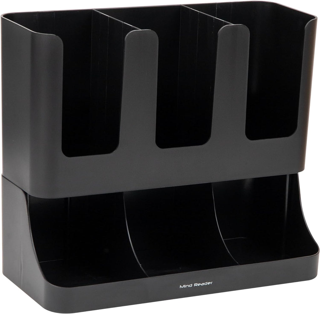 6 Compartment Upright Breakroom Coffee Condiment and Cup Storage Organizer, Black, 13.5 X 4.30 X 12