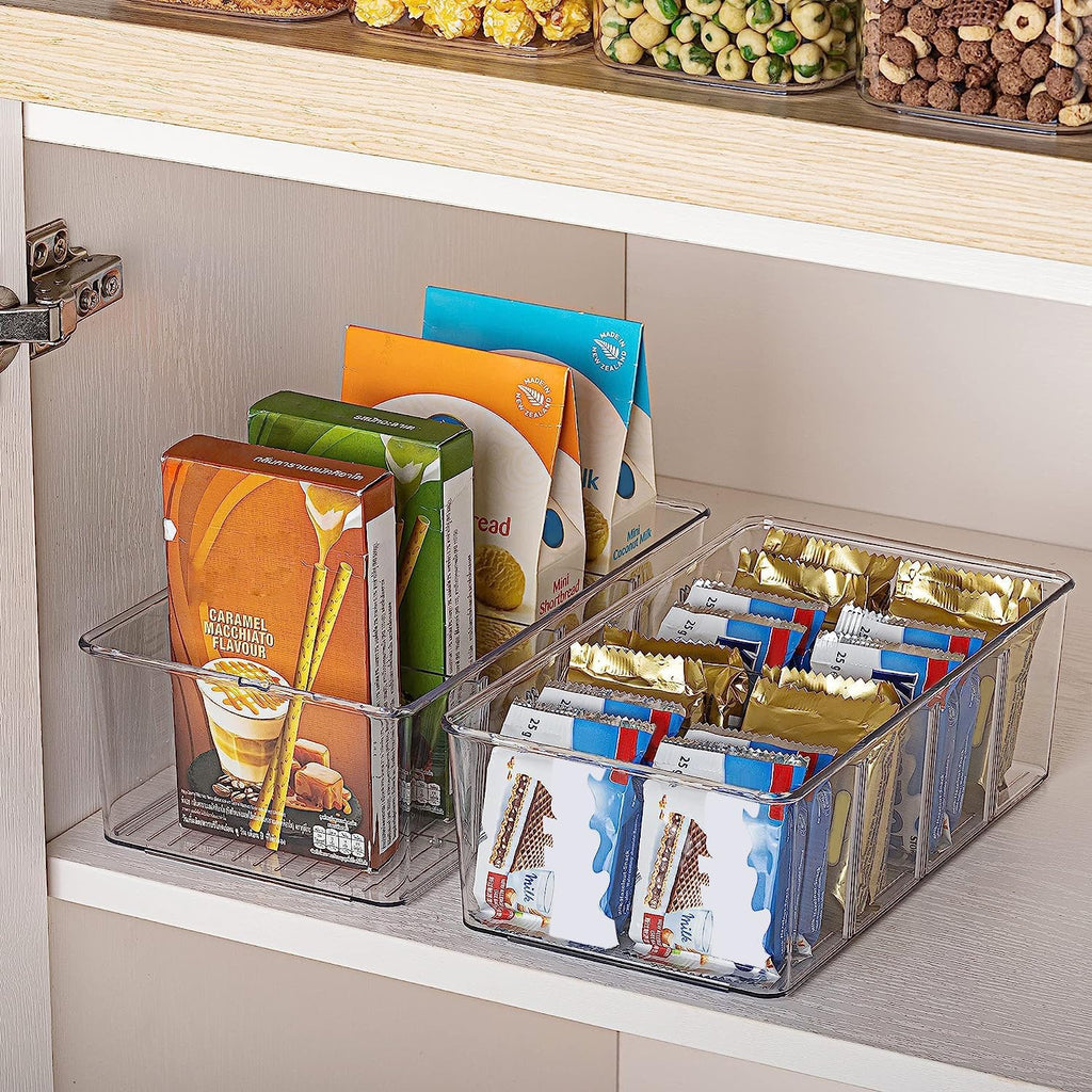 8 Pack Food Storage Organizer Bins, Clear Plastic Bins for Pantry, Kitchen, Fridge, Cabinet Organization and Storage, 4 Compartment Holder for Packets, Snacks, Pouches, Spice Packets