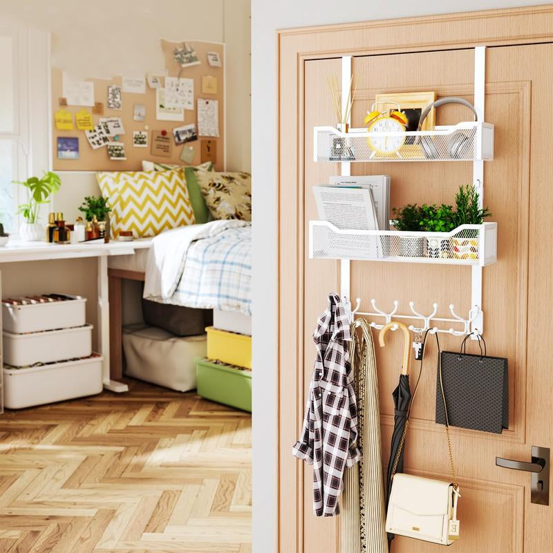 Over the Door Hooks Organizer - Multi-Functional Door Hanger with 16 Hooks & 2 Mesh Baskets, Long over Door Coat Rack for Bathroom, Bedroom, Living Room, Home Door Storage Organizer