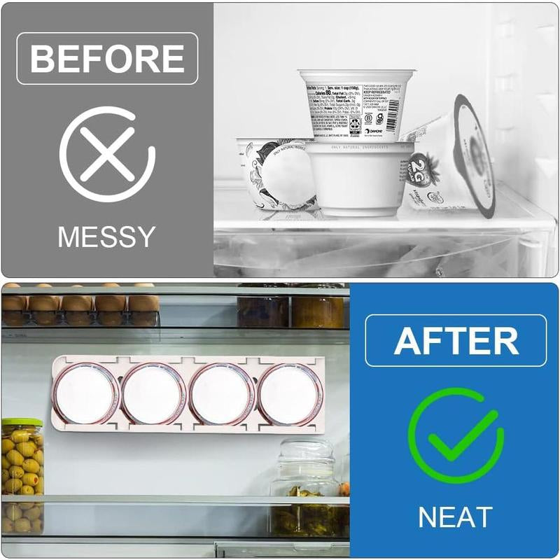 Yogurt Organizer for Fridge, 4 Capacity Yogurt Sliders for Refrigerator, Yogurt Holder with Adhesive Tapes for 3.75 Inch Yogurt, Greek and Vegan Yogurt (White,2 Pack)