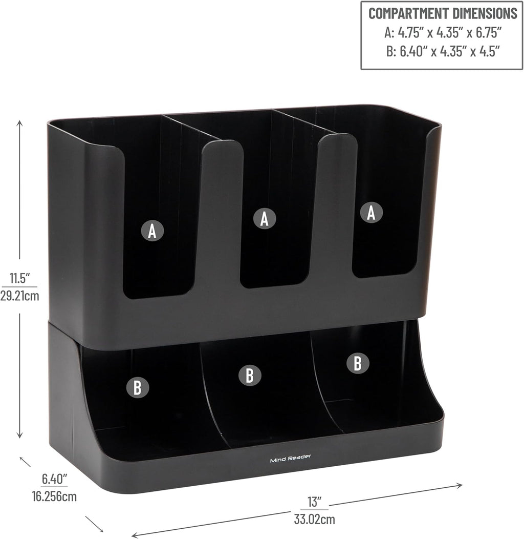 6 Compartment Upright Breakroom Coffee Condiment and Cup Storage Organizer, Black, 13.5 X 4.30 X 12