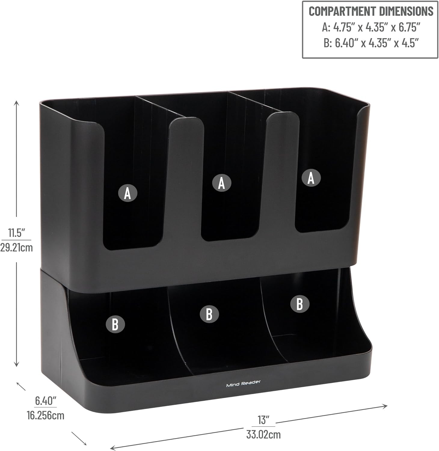 6 Compartment Upright Breakroom Coffee Condiment and Cup Storage Organizer, Black, 13.5 X 4.30 X 12