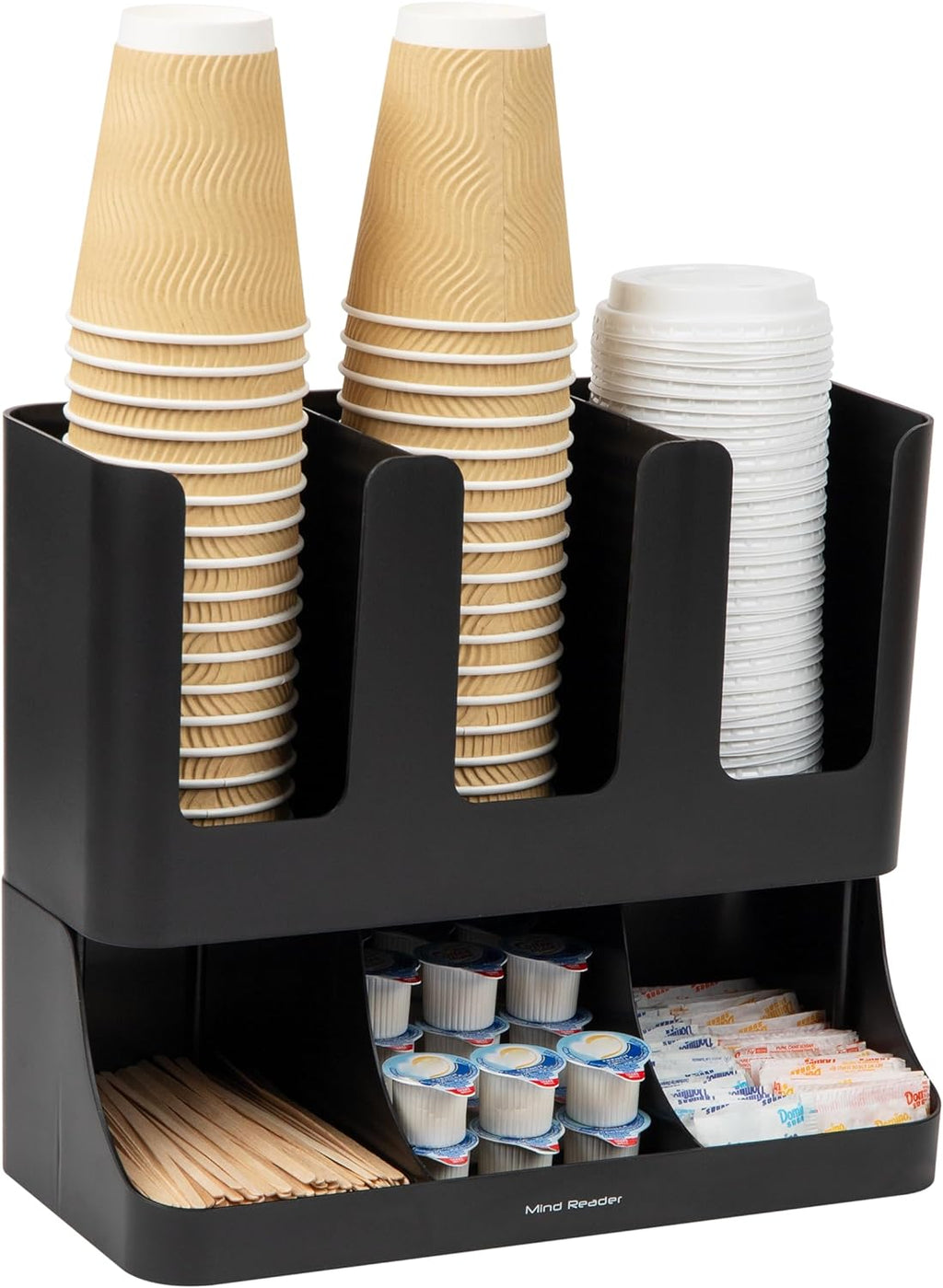 6 Compartment Upright Breakroom Coffee Condiment and Cup Storage Organizer, Black, 13.5 X 4.30 X 12