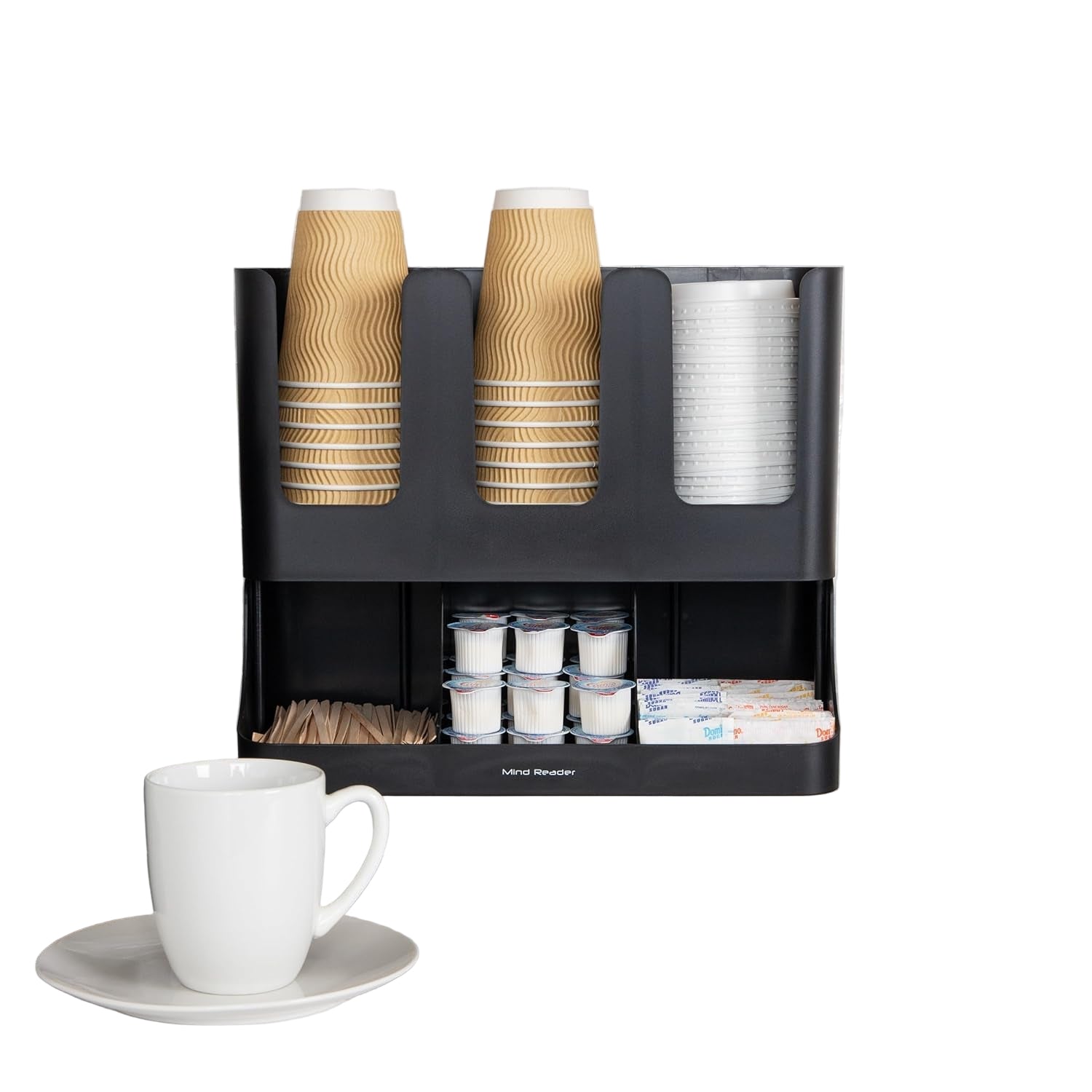6 Compartment Upright Breakroom Coffee Condiment and Cup Storage Organizer, Black, 13.5 X 4.30 X 12