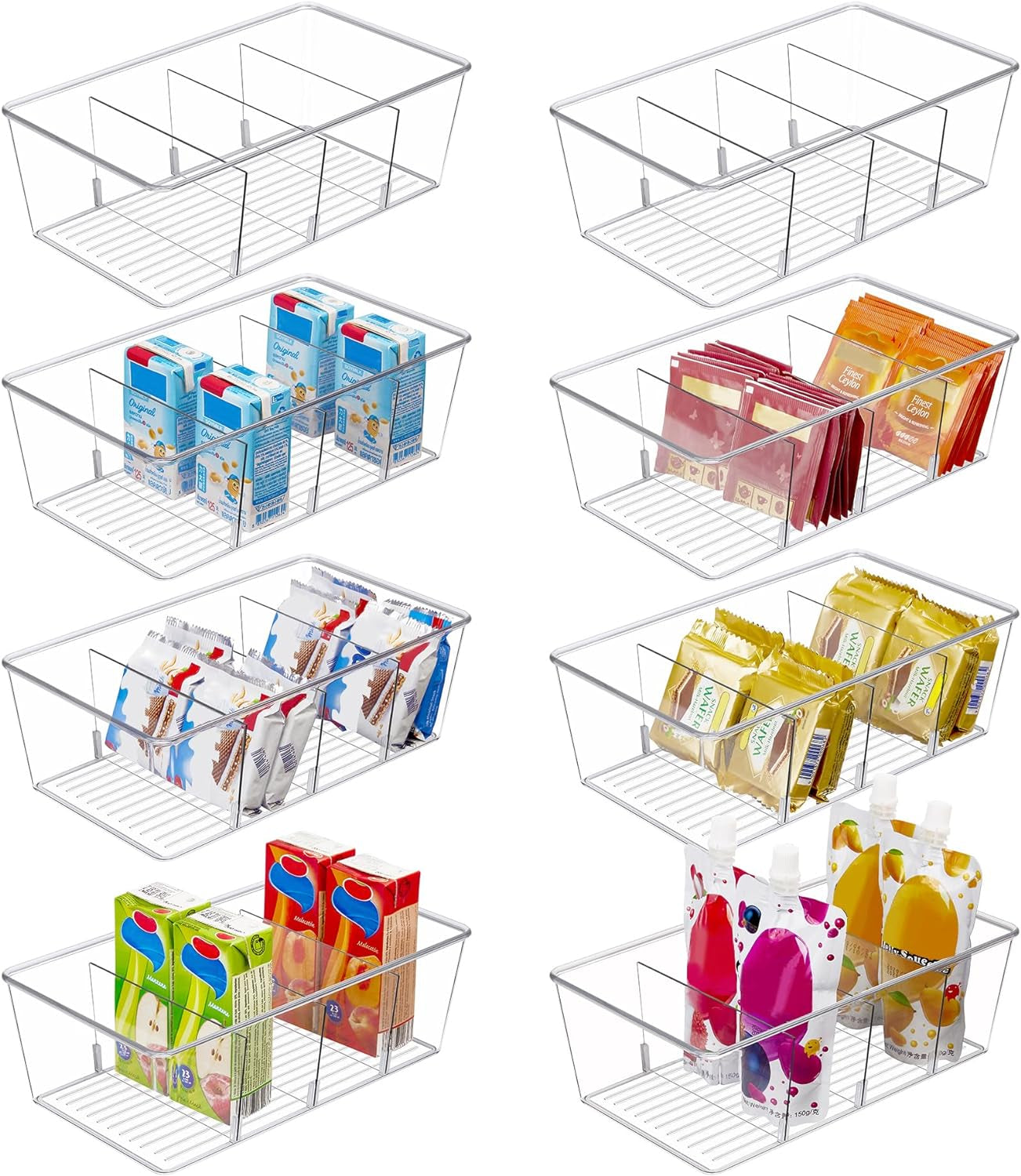 8 Pack Food Storage Organizer Bins, Clear Plastic Bins for Pantry, Kitchen, Fridge, Cabinet Organization and Storage, 4 Compartment Holder for Packets, Snacks, Pouches, Spice Packets