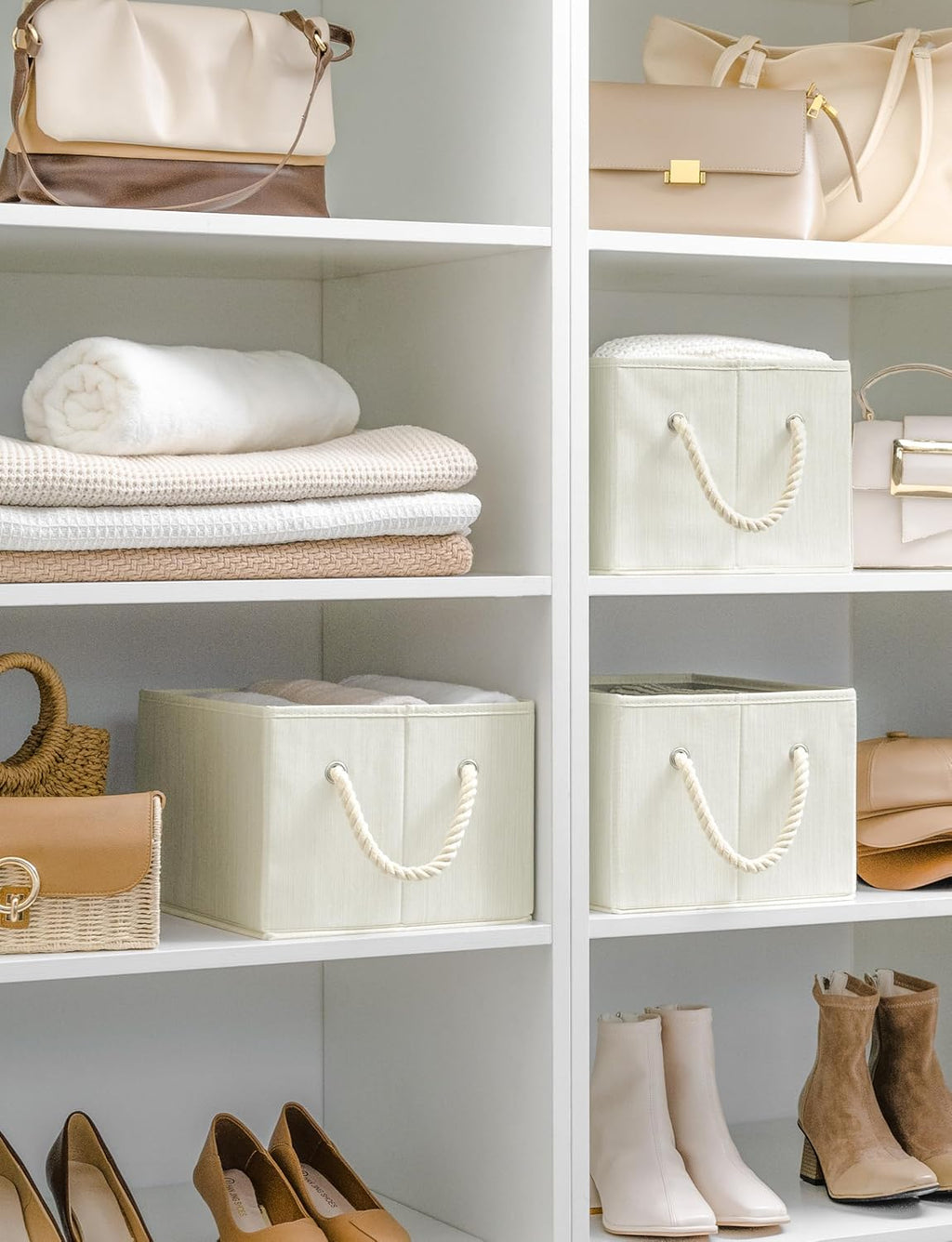 Storage Baskets for Shelves, Foldable Fabric Closet Storage Bins with Handles, Clothes Organizer Baskets, Beige, White & Ivory, 3-Pack, Medium