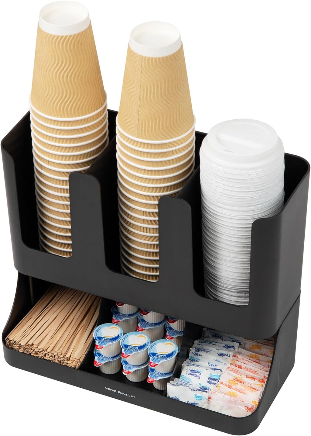 6 Compartment Upright Breakroom Coffee Condiment and Cup Storage Organizer, Black, 13.5 X 4.30 X 12