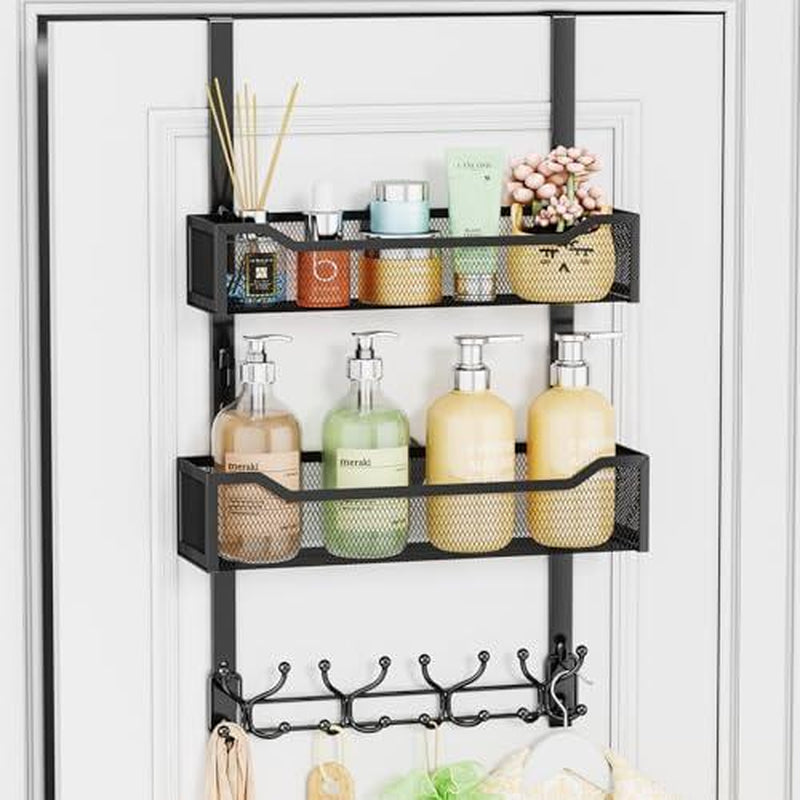 Over the Door Hooks Organizer - Multi-Functional Door Hanger with 16 Hooks & 2 Mesh Baskets, Long over Door Coat Rack for Bathroom, Bedroom, Living Room, Home Door Storage Organizer
