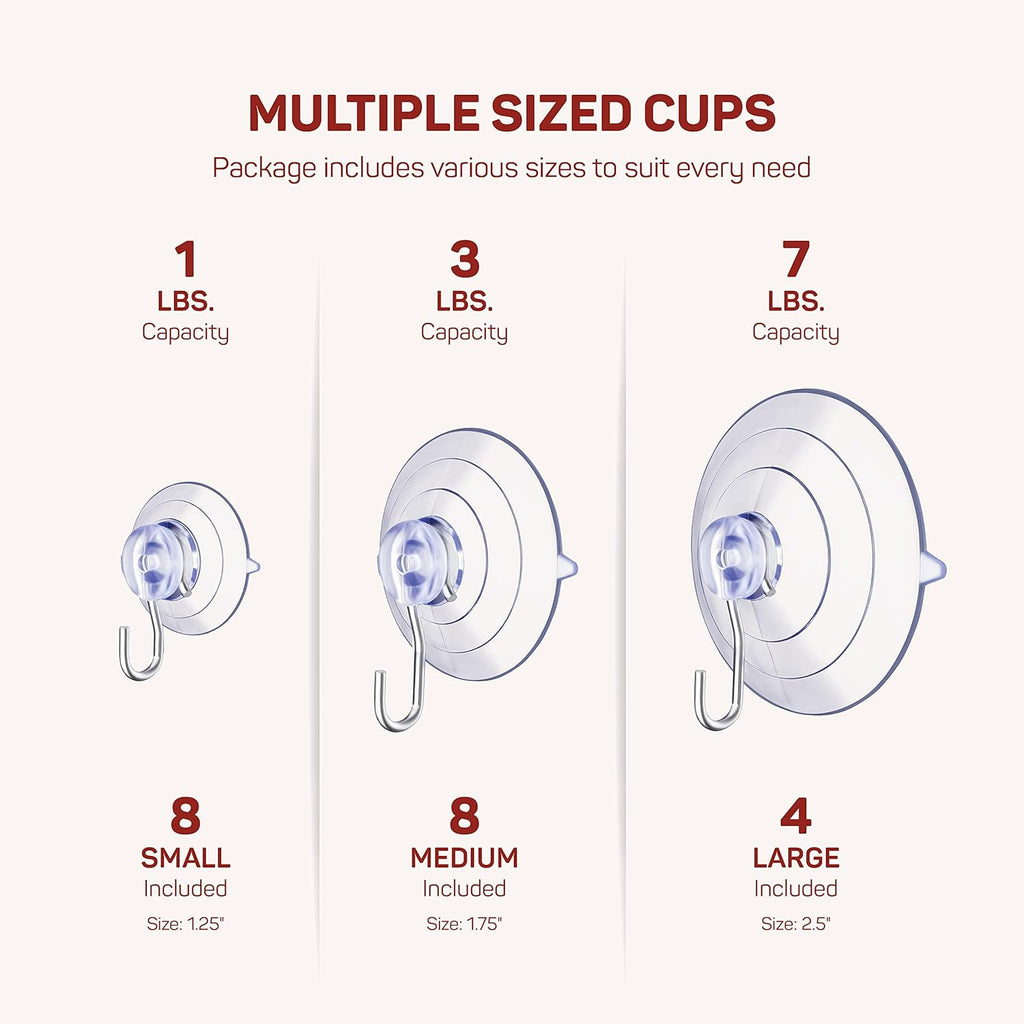 All-Purpose Suction Cup Hooks [10PK Combo Set] Powerful Window Suction Cups with Hooks Use to Hang on Glass, Windows, Doors, Mirrors, Tiles. Set Includes: 2 Large, 4 Medium, 4 Small