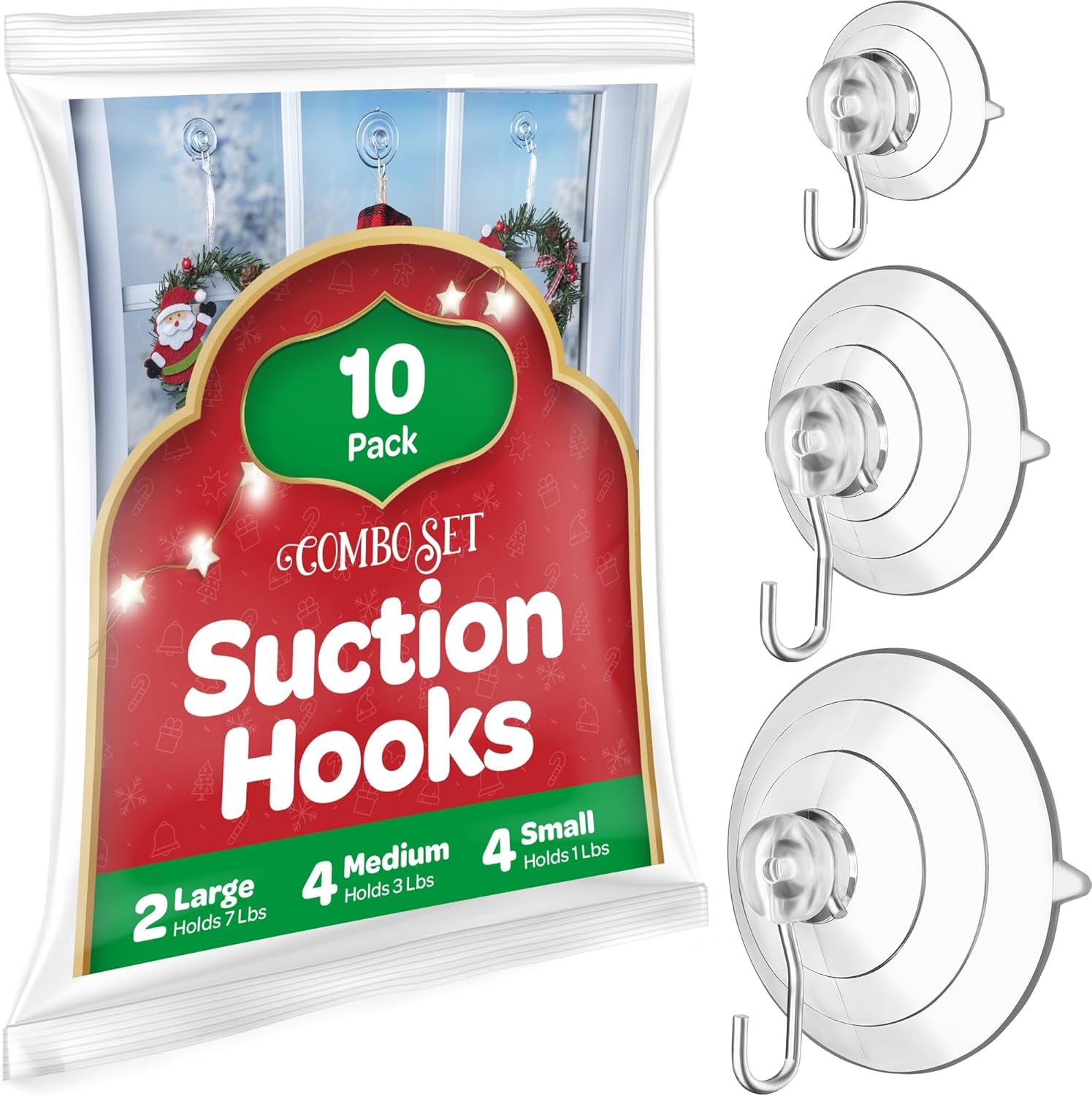 All-Purpose Suction Cup Hooks [10PK Combo Set] Powerful Window Suction Cups with Hooks Use to Hang on Glass, Windows, Doors, Mirrors, Tiles. Set Includes: 2 Large, 4 Medium, 4 Small