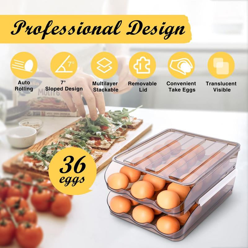 36Eggs 2 Layer Organizer with Lid Large Capacity Automatic Scrolling Egg Holder