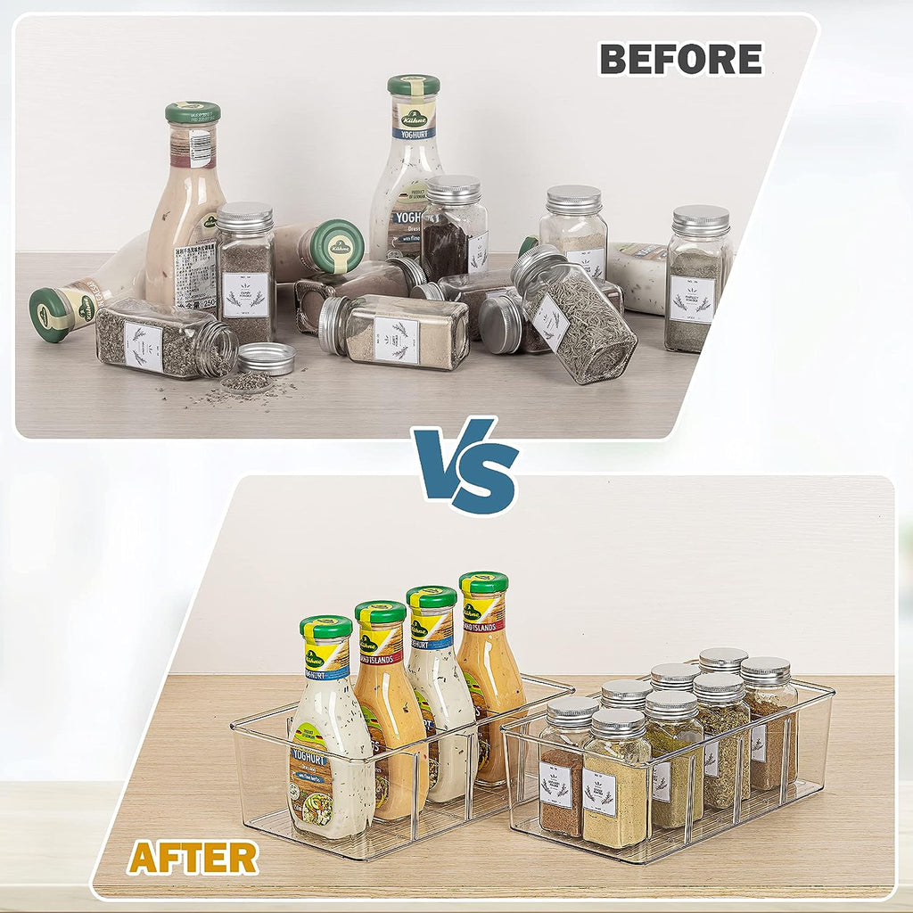 8 Pack Food Storage Organizer Bins, Clear Plastic Bins for Pantry, Kitchen, Fridge, Cabinet Organization and Storage, 4 Compartment Holder for Packets, Snacks, Pouches, Spice Packets