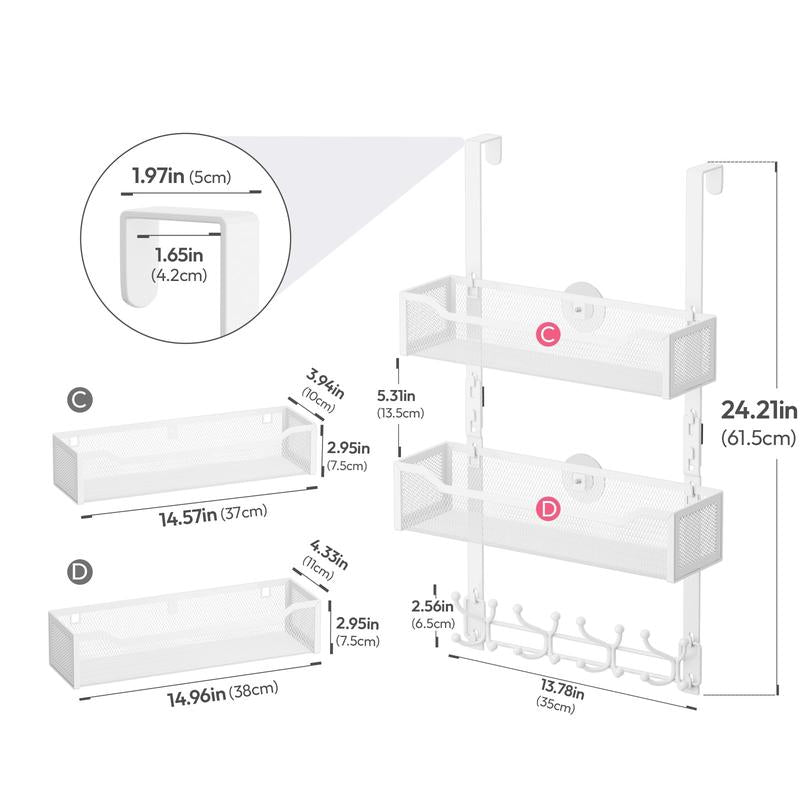 Over the Door Hooks Organizer - Multi-Functional Door Hanger with 16 Hooks & 2 Mesh Baskets, Long over Door Coat Rack for Bathroom, Bedroom, Living Room, Home Door Storage Organizer