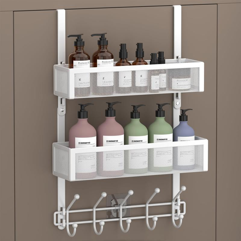 Over the Door Hooks Organizer - Multi-Functional Door Hanger with 16 Hooks & 2 Mesh Baskets, Long over Door Coat Rack for Bathroom, Bedroom, Living Room, Home Door Storage Organizer