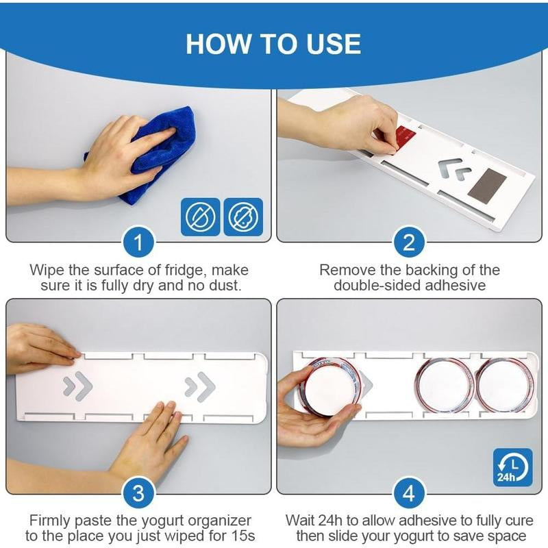 Yogurt Organizer for Fridge, 4 Capacity Yogurt Sliders for Refrigerator, Yogurt Holder with Adhesive Tapes for 3.75 Inch Yogurt, Greek and Vegan Yogurt (White,2 Pack)