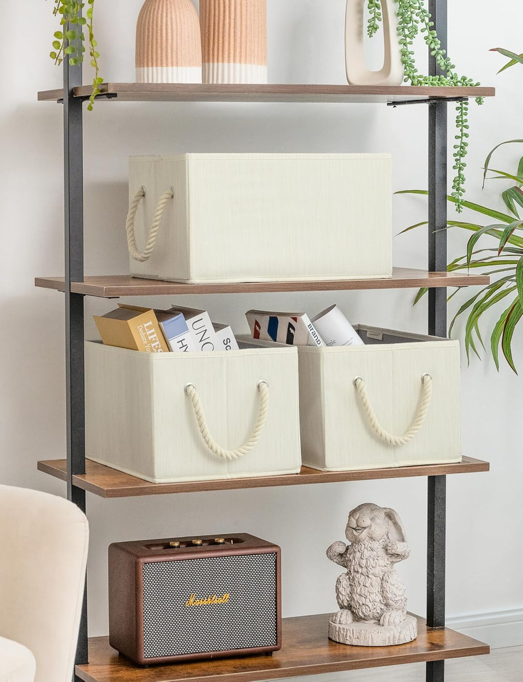 Storage Baskets for Shelves, Foldable Fabric Closet Storage Bins with Handles, Clothes Organizer Baskets, Beige, White & Ivory, 3-Pack, Medium