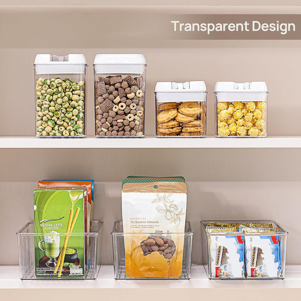 8 Pack Food Storage Organizer Bins, Clear Plastic Bins for Pantry, Kitchen, Fridge, Cabinet Organization and Storage, 4 Compartment Holder for Packets, Snacks, Pouches, Spice Packets