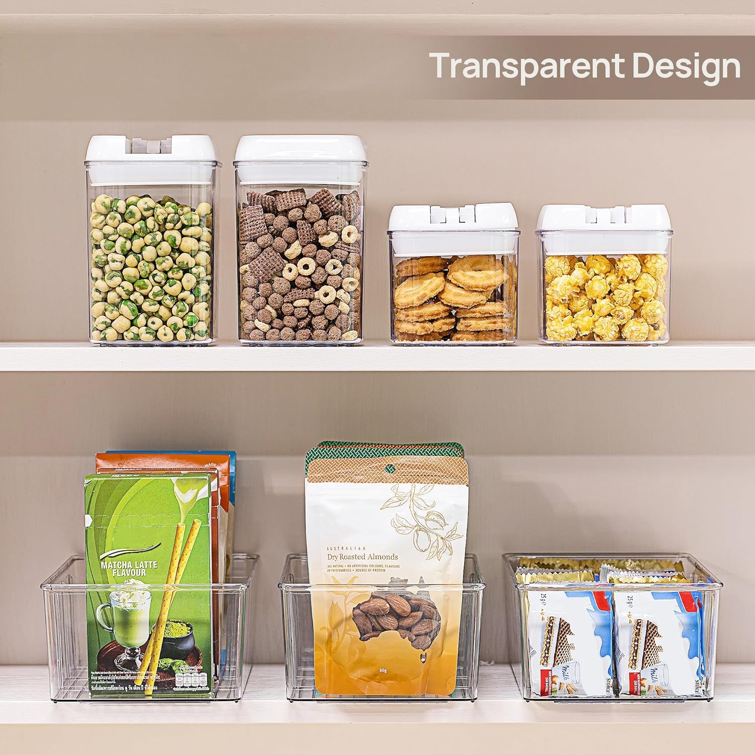 8 Pack Food Storage Organizer Bins, Clear Plastic Bins for Pantry, Kitchen, Fridge, Cabinet Organization and Storage, 4 Compartment Holder for Packets, Snacks, Pouches, Spice Packets