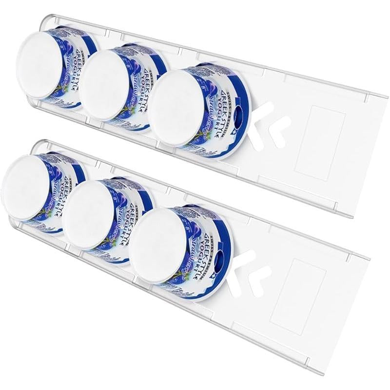 Yogurt Organizer for Fridge, 4 Capacity Yogurt Sliders for Refrigerator, Yogurt Holder with Adhesive Tapes for 3.75 Inch Yogurt, Greek and Vegan Yogurt (White,2 Pack)